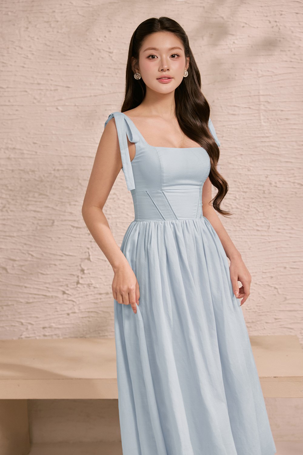 Helia Padded Ribbon Straps Midi Dress in Cloud Blue