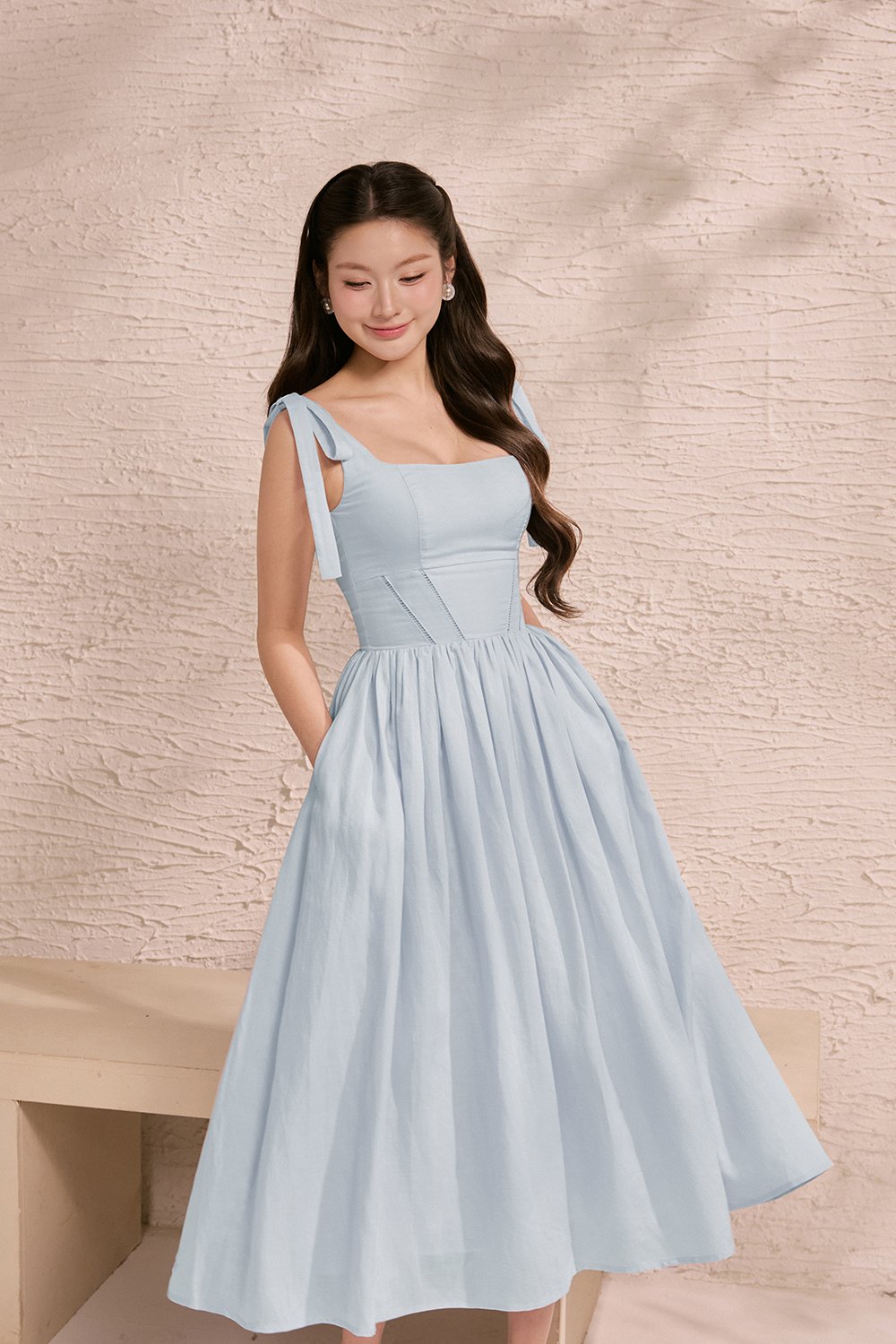 Helia Padded Ribbon Straps Midi Dress in Cloud Blue