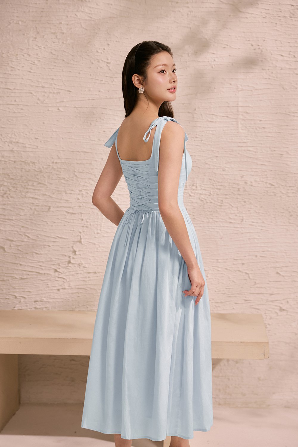 Helia Padded Ribbon Straps Midi Dress in Cloud Blue