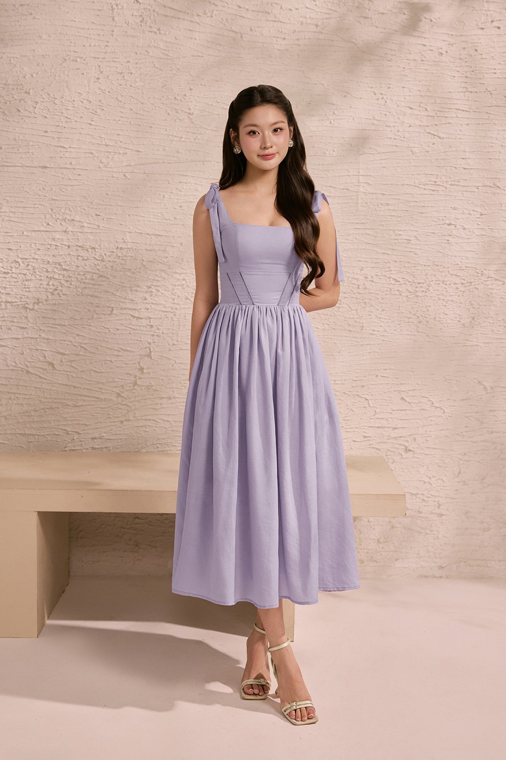 Helia Padded Ribbon Straps Midi Dress in Dusty Lavender