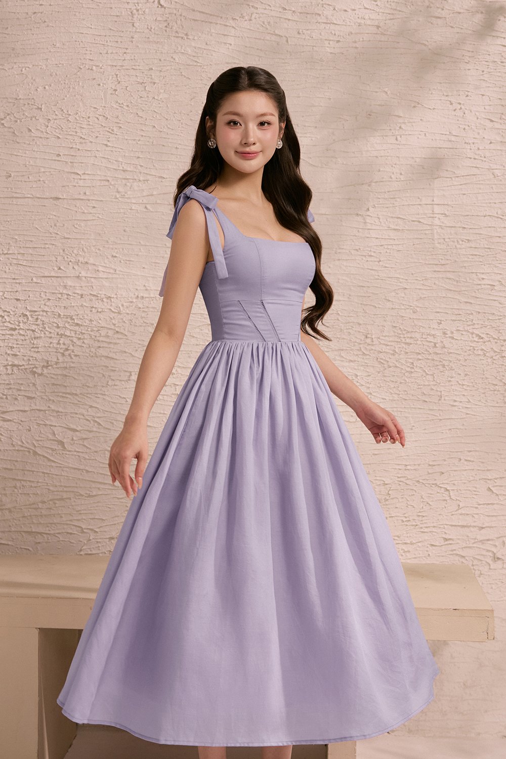 Helia Padded Ribbon Straps Midi Dress in Dusty Lavender