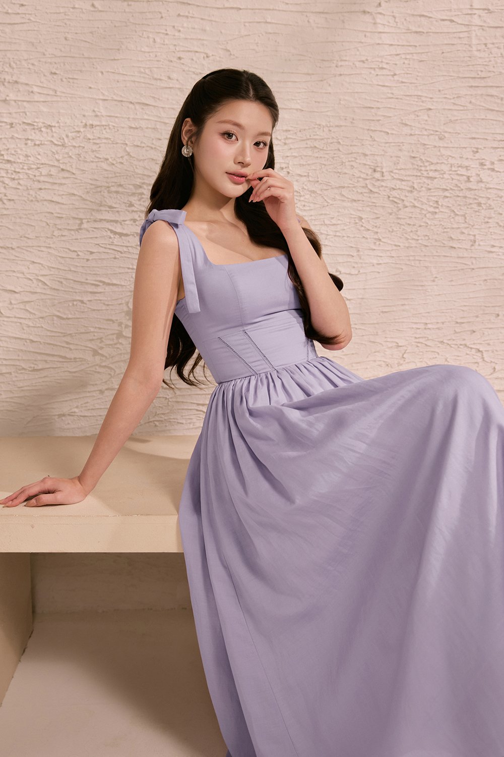 Helia Padded Ribbon Straps Midi Dress in Dusty Lavender