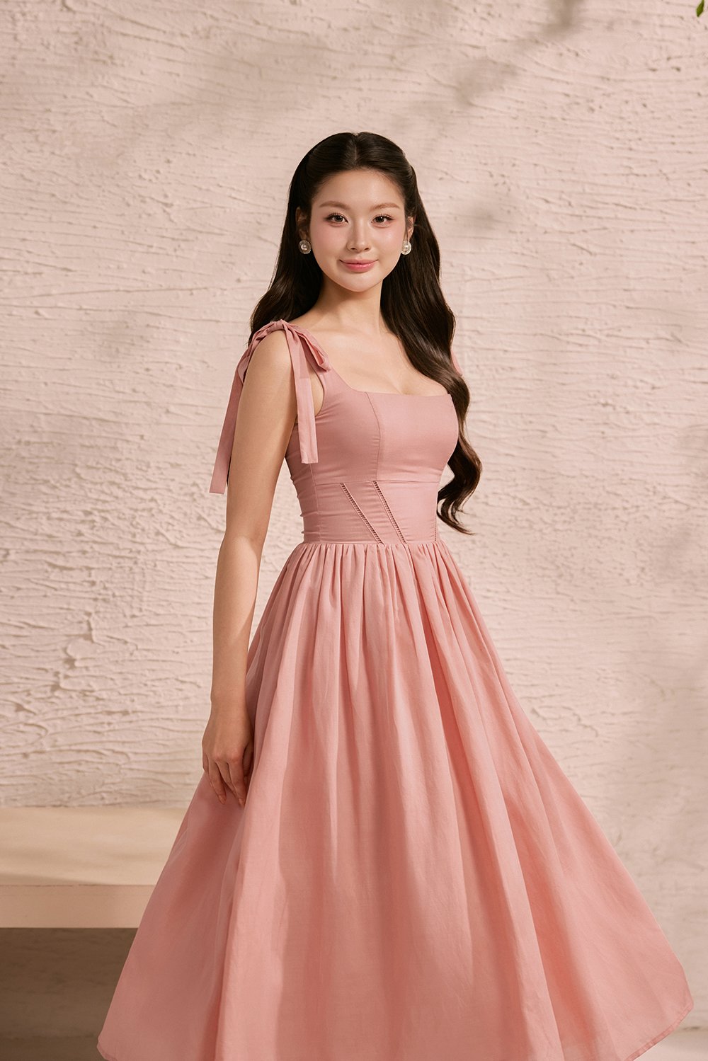 Helia Padded Ribbon Straps Midi Dress in Rose Bud