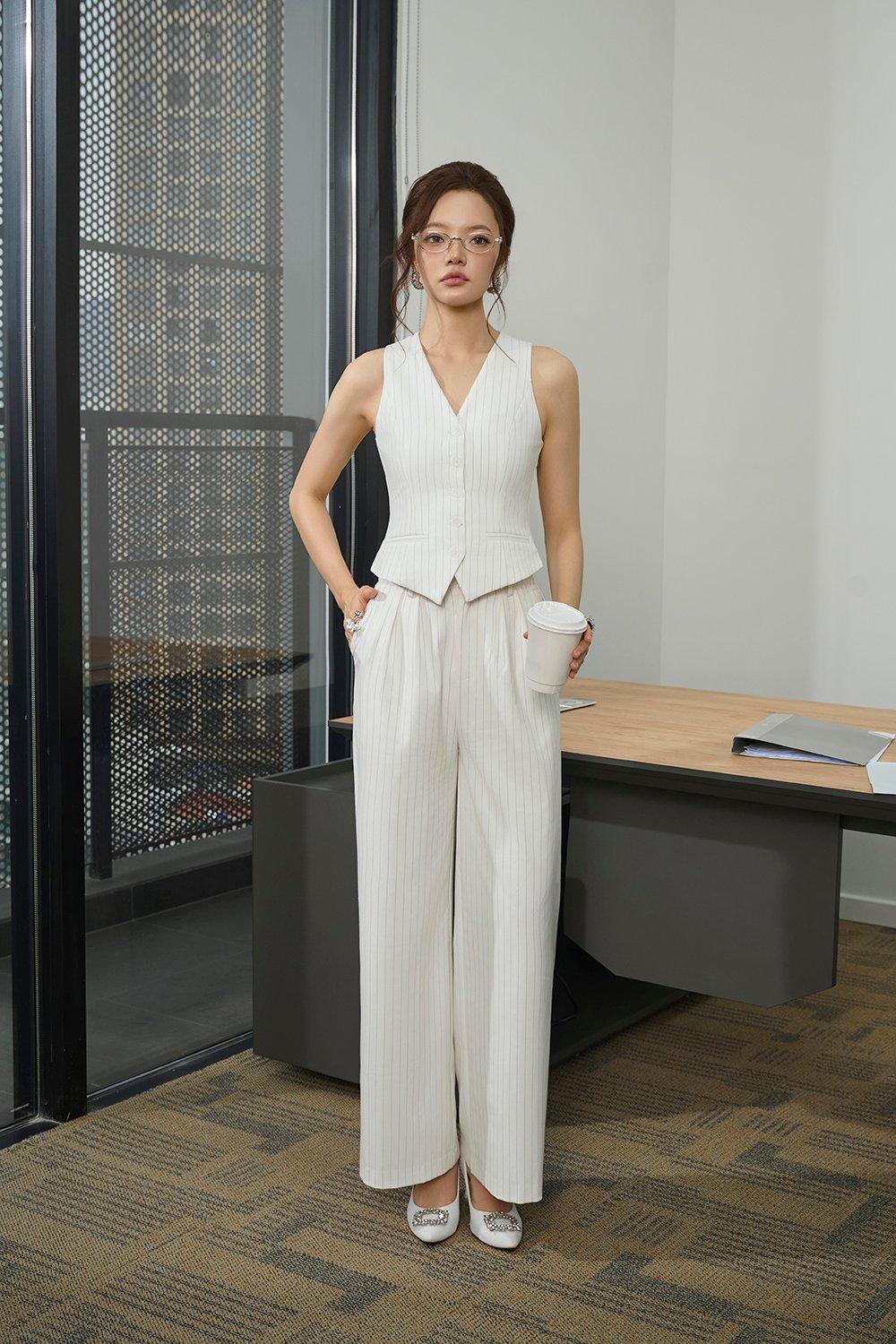 Jodin High Waist Pinstripe Pleated Wide Pants in Iconic White Pinstripe