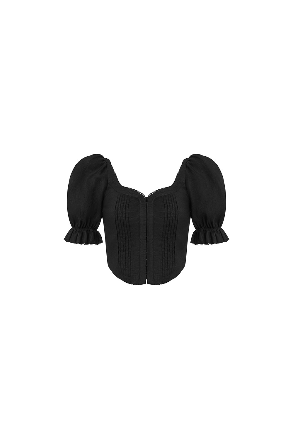 Riven V-Waist Puff Sleeves Pintuck Top in Classic Black