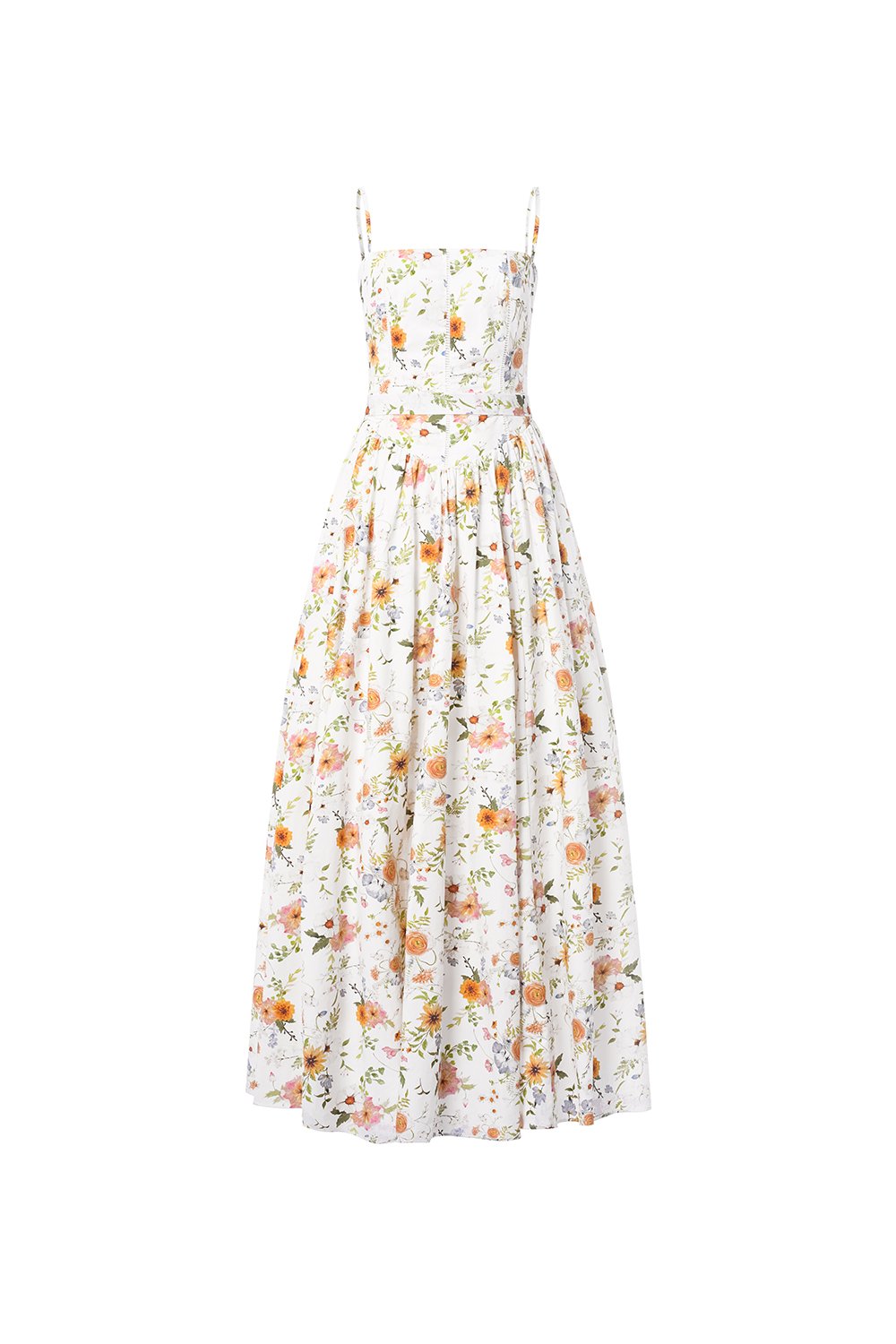 Sylvia Padded Strappy Flare V-Waist Maxi Dress in Sunrise Meadow