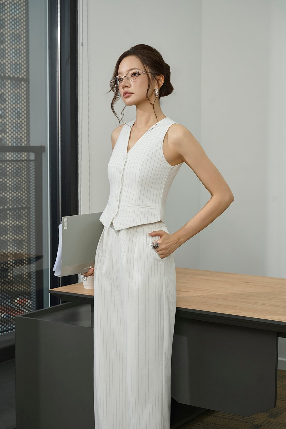 Victoria Pinstripe Vest Top in Iconic White Pinstripe