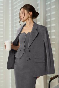 Andrea Oversized Pinstripe Straight Cut Blazer in Grey Pinstripe