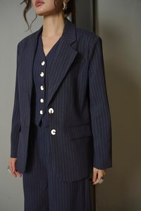 Andrea Oversized Pinstripe Straight Cut Blazer in Navy Pinstripe