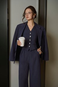 Andrea Oversized Pinstripe Straight Cut Blazer in Navy Pinstripe