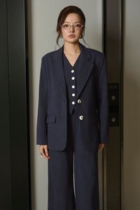 Andrea Oversized Pinstripe Straight Cut Blazer in Navy Pinstripe