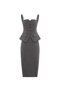Clarinda Strappy Peplum Pencil Dress in Grey Pinstripe