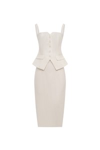 Clarinda Strappy Peplum Pencil Dress in Iconic White Pinstripe
