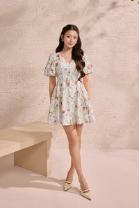 Eldora V-Neckline Puff Sleeves Flare Mini Dress in Rosewater Meadow