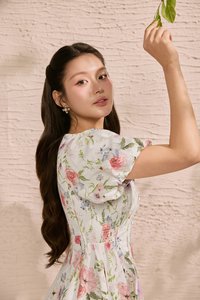 Eldora V-Neckline Puff Sleeves Flare Mini Dress in Rosewater Meadow