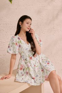 Eldora V-Neckline Puff Sleeves Flare Mini Dress in Rosewater Meadow