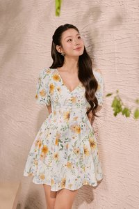 Eldora V-Neckline Puff Sleeves Flare Mini Dress in Sunrise Meadow