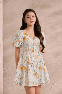 Eldora V-Neckline Puff Sleeves Flare Mini Dress in Sunrise Meadow
