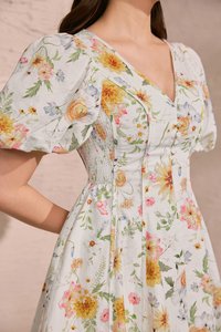 Eldora V-Neckline Puff Sleeves Flare Mini Dress in Sunrise Meadow