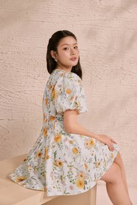 Eldora V-Neckline Puff Sleeves Flare Mini Dress in Sunrise Meadow