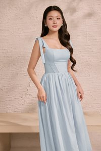 Helia Padded Ribbon Straps Midi Dress in Cloud Blue