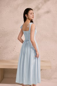 Helia Padded Ribbon Straps Midi Dress in Cloud Blue
