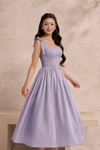 Helia Padded Ribbon Straps Midi Dress in Dusty Lavender