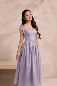 Helia Padded Ribbon Straps Midi Dress in Dusty Lavender