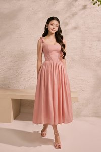 Helia Padded Ribbon Straps Midi Dress in Rose Bud