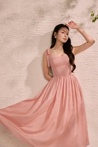 Helia Padded Ribbon Straps Midi Dress in Rose Bud