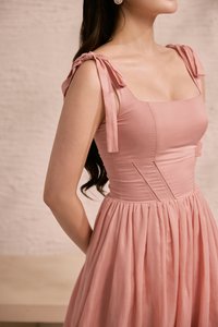 Helia Padded Ribbon Straps Midi Dress in Rose Bud