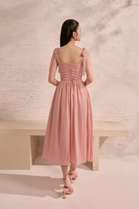 Helia Padded Ribbon Straps Midi Dress in Rose Bud