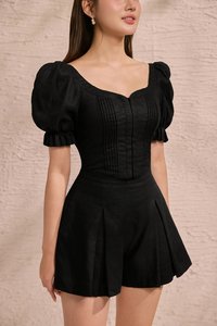 Riven V-Waist Puff Sleeves Pintuck Top in Classic Black