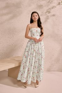Sylvia Padded Strappy Flare V-Waist Maxi Dress in Rosewater Meadow