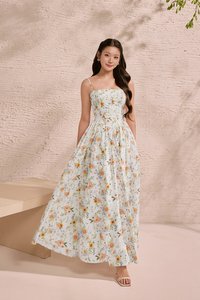 Sylvia Padded Strappy Flare V-Waist Maxi Dress in Sunrise Meadow