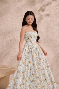 Sylvia Padded Strappy Flare V-Waist Maxi Dress in Sunrise Meadow