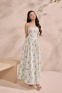 Sylvia Padded Strappy Flare V-Waist Maxi Dress in Sunrise Meadow