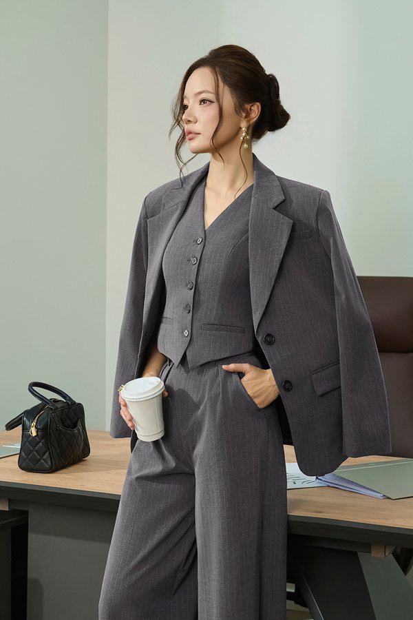 Andrea Oversized Pinstripe Straight Cut Blazer in Grey Pinstripe