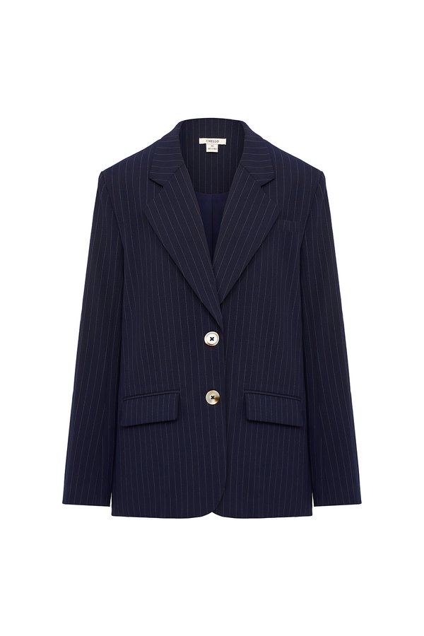 Andrea Oversized Pinstripe Straight Cut Blazer in Navy Pinstripe