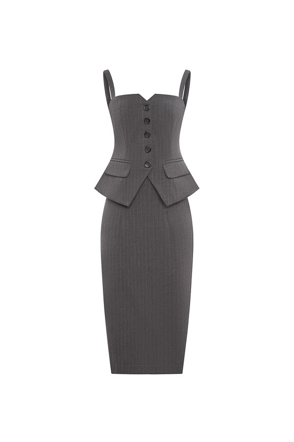 Clarinda Strappy Peplum Pencil Dress in Grey Pinstripe