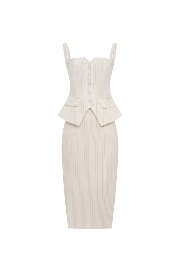 Clarinda Strappy Peplum Pencil Dress in Iconic White Pinstripe