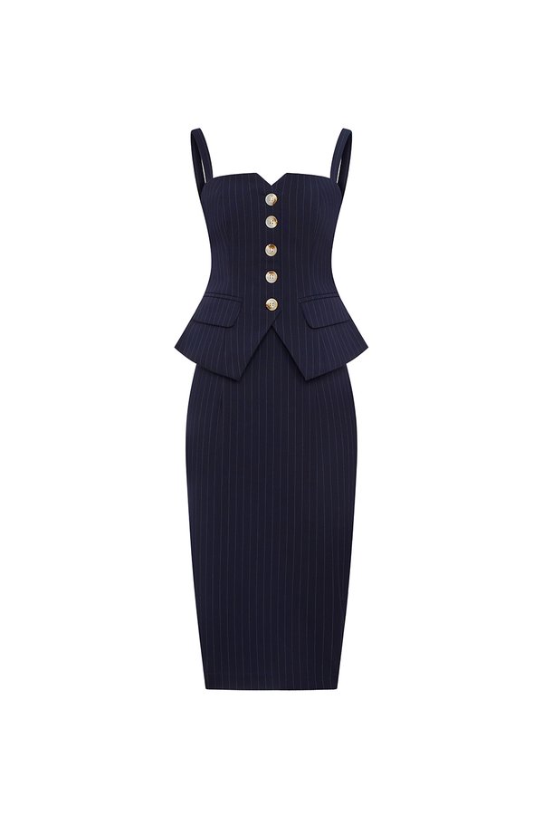 Clarinda Strappy Peplum Pencil Dress in Navy Pinstripe