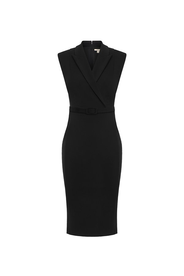 Colleen Tailored Belted Pencil Dress in Classic Black
