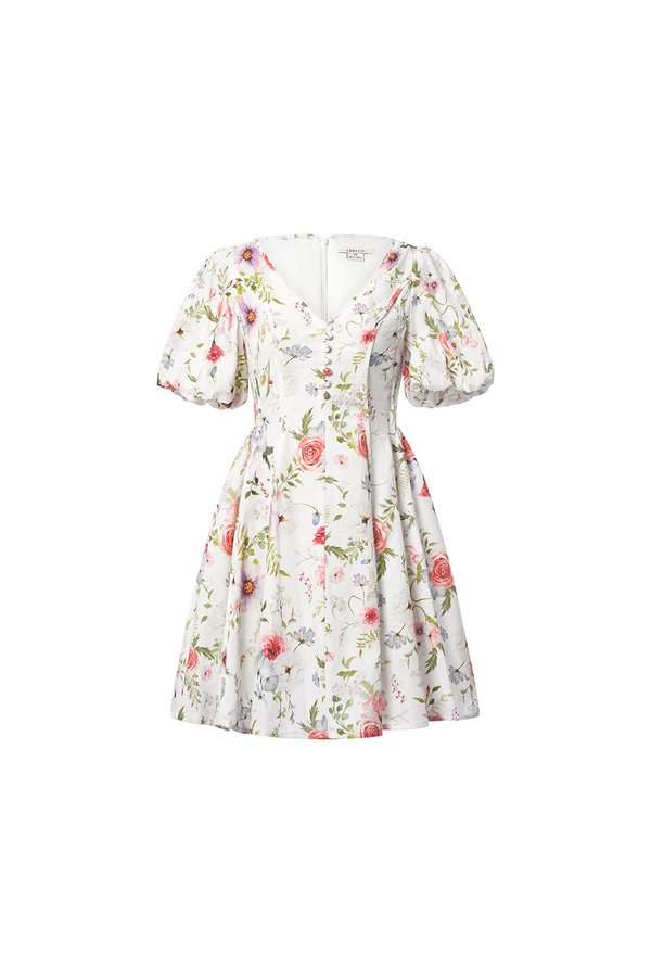 Eldora V-Neckline Puff Sleeves Flare Mini Dress in Rosewater Meadow