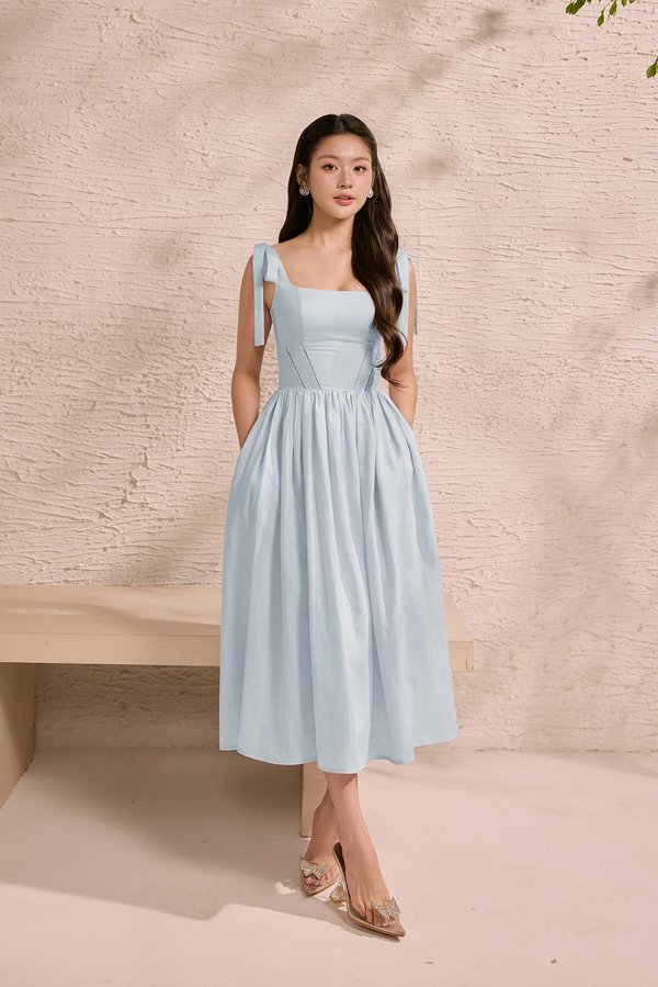Helia Padded Ribbon Straps Midi Dress in Cloud Blue