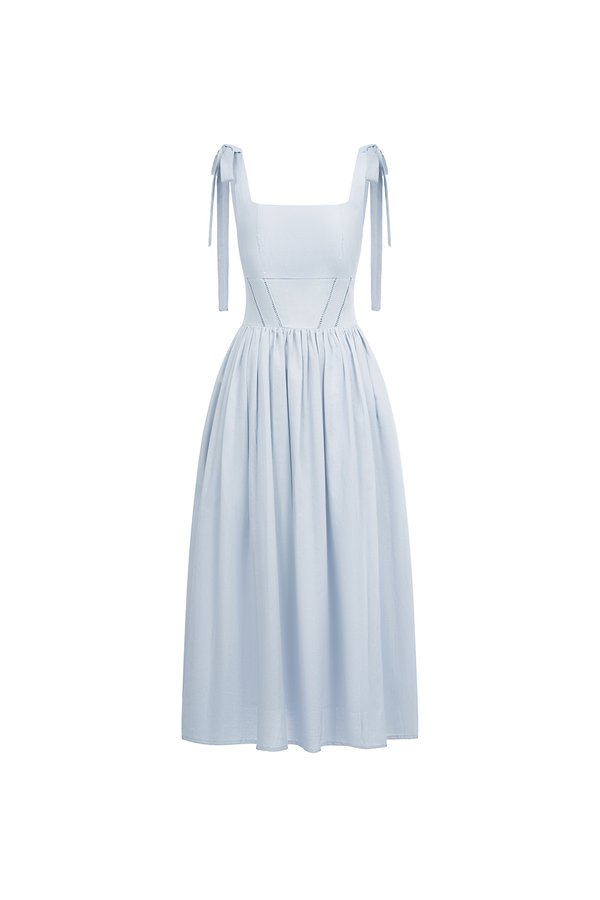 Helia Padded Ribbon Straps Midi Dress in Cloud Blue