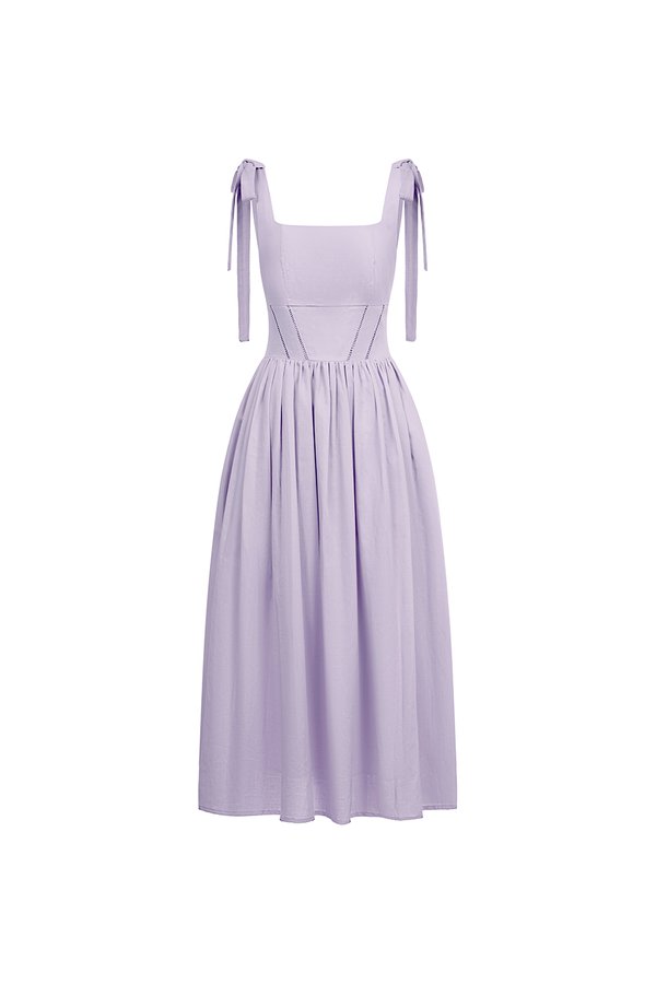 Helia Padded Ribbon Straps Midi Dress in Dusty Lavender