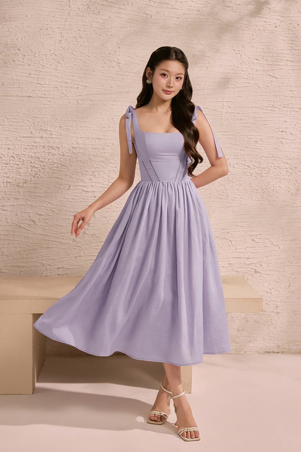 Helia Padded Ribbon Straps Midi Dress in Dusty Lavender