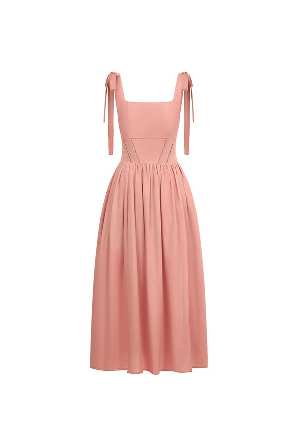 Helia Padded Ribbon Straps Midi Dress in Rose Bud
