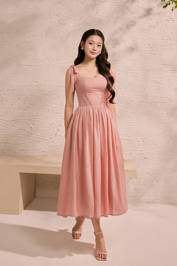 Helia Padded Ribbon Straps Midi Dress in Rose Bud